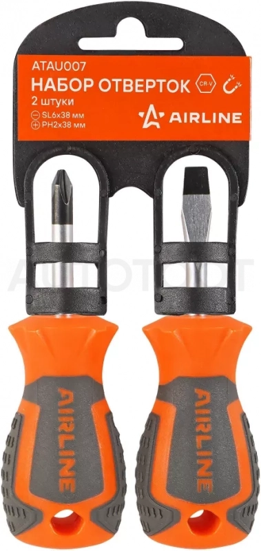 Набор отвёрток 2 пр. (SL6x38mm, PH2x38mm), пласт.подвес - Артикул ATAU007 - Производитель Airline - Фото, Отзывы, Цены