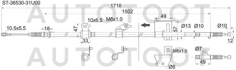 Трос ручника правый -ST3653031U00 Sat для NISSAN CEFIRO, NISSAN MAXIMA