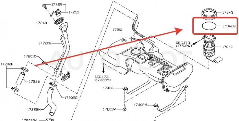 Кольцо уплотнительное топливного модуля безонасоса -17342AY600 Nissan для NISSAN AD