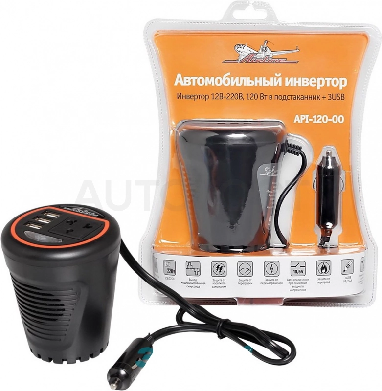 Преобразователь напряжения (инвертор) 12/220V 120W AIRLINE в подстаканник + 3USB