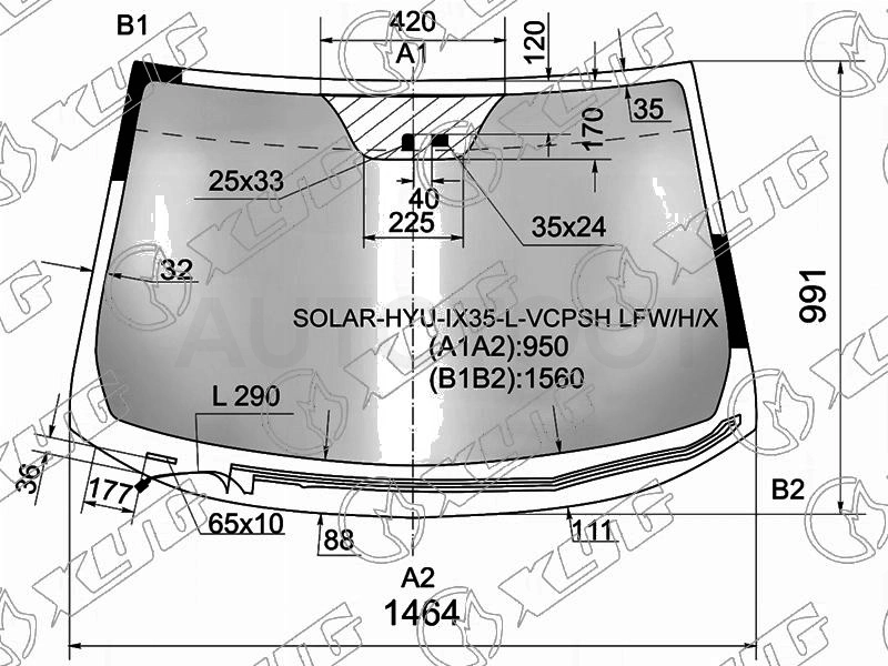 Стекло лобовое атермальное с обогревом щеток + дд HYUNDAI TUCSON /IX35 10-15 (Solar-X защита от ультр