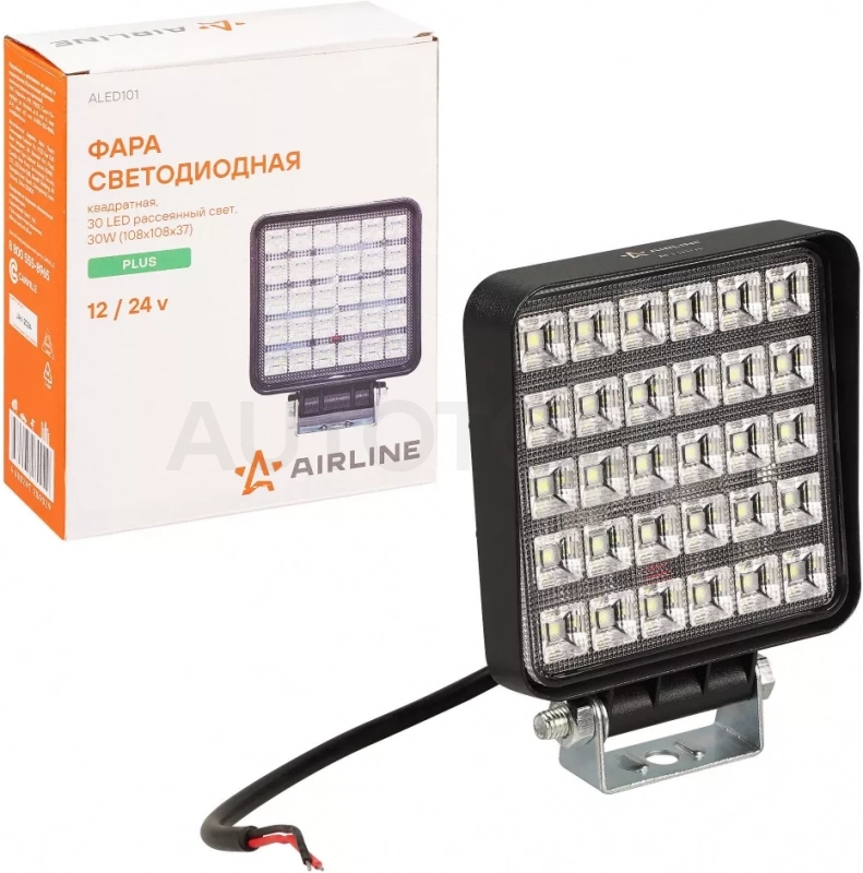 Фара светодиод. квадратная, 30LED, рассеянный свет, 30Вт, 108х108х37мм, 12/24В, PLUS - Артикул ALED101 - Производитель Airline - Фото, Отзывы, Цены