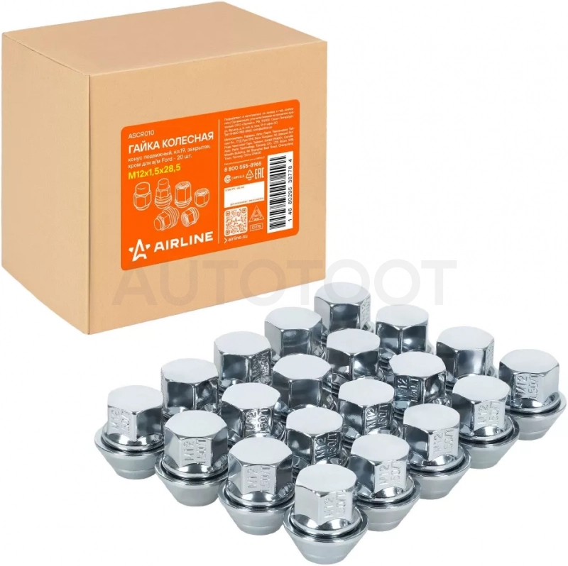 Гайка колесная M12x1,5x28,5, конус подвижный, кл.19, закрытая, хром для а/м Ford