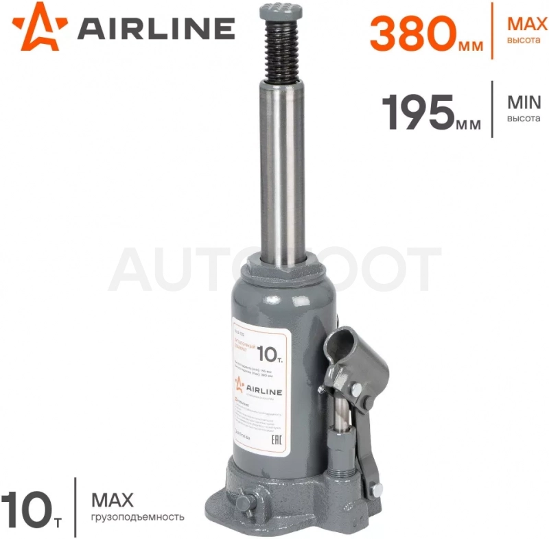Домкрат бутылочный 10т 195-380мм - Артикул AJB10S - Производитель Airline - Фото, Отзывы, Цены