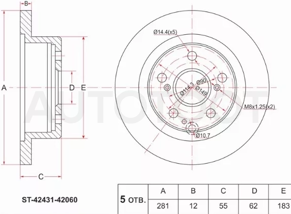 Диск тормозной (Зад) Toyota Harrier (XU60) 13-20 / RAV4 (XA30,XA40) 05-19 / Lexus HS 09-18 / Toyota Mark X Zio 07-13 / Sai 09-17 / Vanguard 07-13
