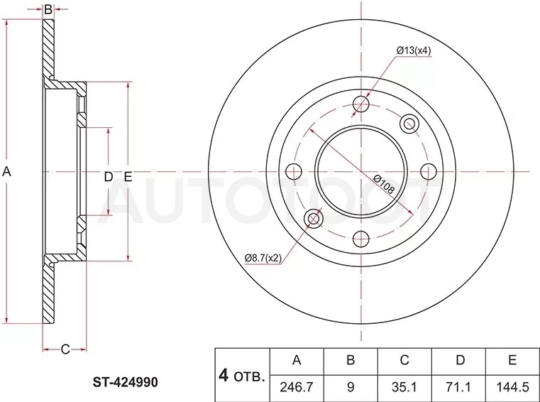Диск тормозной (Зад) Citroen Berlingo 96-22 / C3 01-06 / C4 04-08 / C2 03-07 / Peugeot 1007 05-09 / 307 01-05 / Partner 96-02