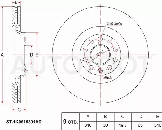 Диск тормозной (Перед) Audi A3 12-19 / Q3 18- / Skoda Kodiaq 16- / Octavia 12-20 / Volkswagen Golf 12-19 / Passat 80- / Tiguan 16- / Audi S3 13-16 / SEAT Leon 12-15 / Skoda Superb 08-23 / Volkswagen Passat CC 08-16