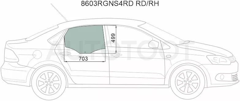 Стекло боковое опускное (Сзади/ Справа/ Цвет зеленый) Skoda Rapid 20- / Volkswagen Polo 09-20