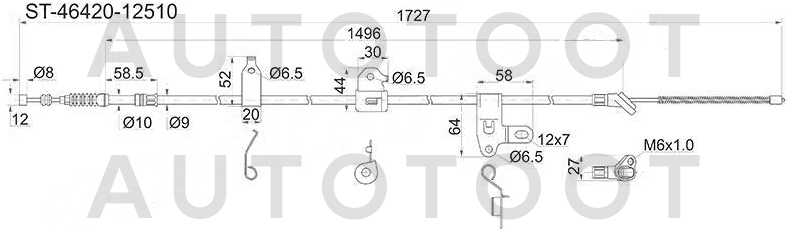 Трос стояночного тормоза правый (барабан) -ST4642012510 Sat для TOYOTA ALLEX, TOYOTA RUNX, TOYOTA COROLLA, TOYOTA COROLLA FIELDER, TOYOTA COROLLA SPACIO, TOYOTA WILL VS