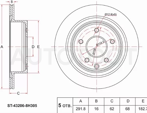 Диск тормозной (Зад) Nissan Juke 10-20 / Leaf 09-22 / Primera 01-08 / Qashqai 06-22 / Infiniti G35 02-07 / Nissan 350Z 02-09 / Fairlady Z 02-08 / Qashqai+2 08-14 / Rogue 07-17 / Renault Koleos 08-16