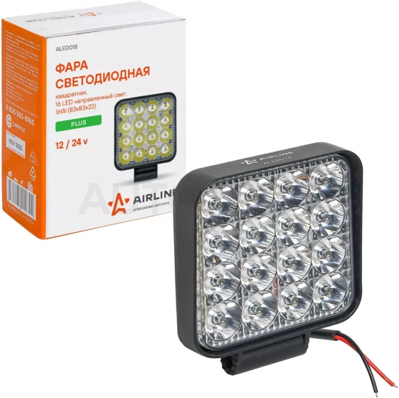Фара светодиод. квадратная, 16LED, направленный свет, 16Вт, 83х83х22мм, 12/24В, PLUS - Артикул ALED018 - Производитель Airline - Фото, Отзывы, Цены