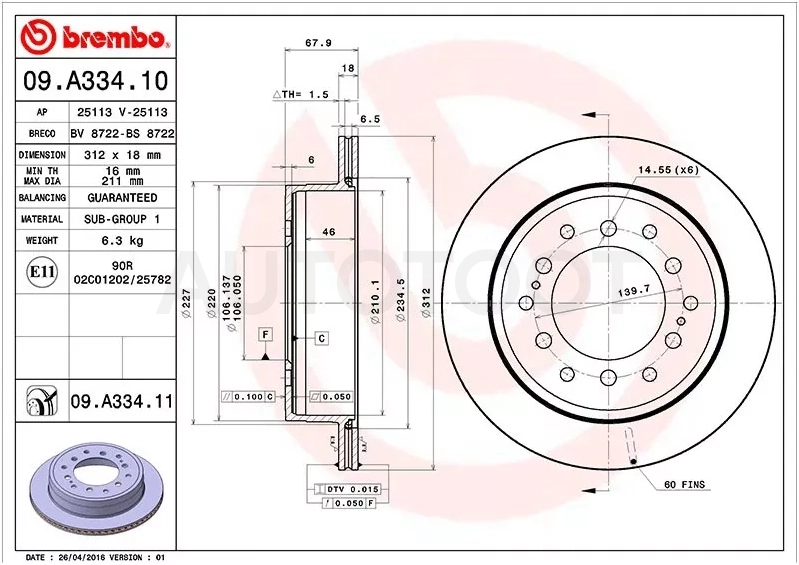 Диск тормозной (Сзади) Toyota Land Cruiser Prado (J90,J120) 96-09 / Lexus GX 02-09 / Toyota 4Runner 02-09 / FJ Cruiser 05-18 / Hilux Surf 02-09 / Sequoia 00-07