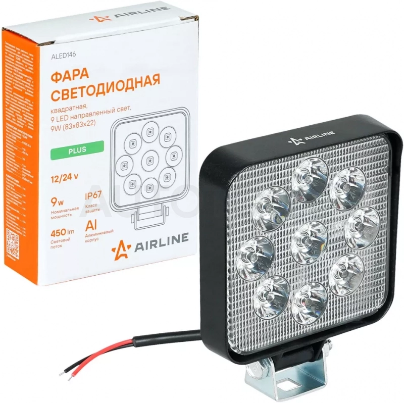 Фара светодиод. квадратная, 9LED, направленный свет, 9Вт, 83х83х22мм, 12/24В, PLUS - Артикул ALED146 - Производитель Airline - Фото, Отзывы, Цены