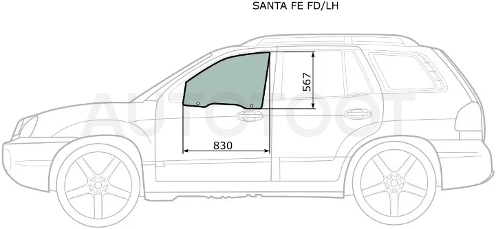 Стекло боковое опускное (Спереди/ Слева/ Цвет зеленый) Hyundai Santa Fe 00-06 / Santa Fe Classic 07-13