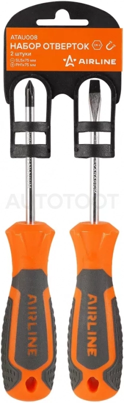 Набор отвёрток 2 пр. (SL5x75mm, PH1x75mm), пласт.подвес - Артикул ATAU008 - Производитель Airline - Фото, Отзывы, Цены