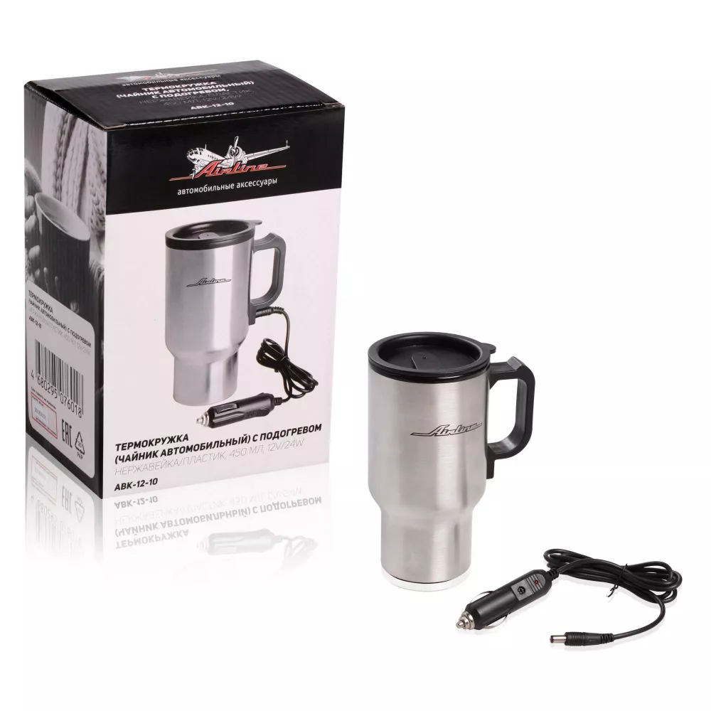 Термокружка (чайник автомобильный) с подогревом, нержавейка/пластик, 450 мл, 12V, 24W - Артикул ABK1210 - Производитель Airline - Фото, Отзывы, Цены 