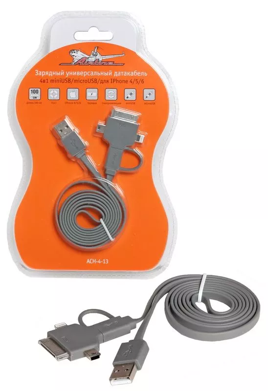 Зарядный универсальный датакабель 4 в 1 miniUSB/microUSB/для Iphone - Артикул ACH413 - Производитель Airline - Фото, Отзывы, Цены 