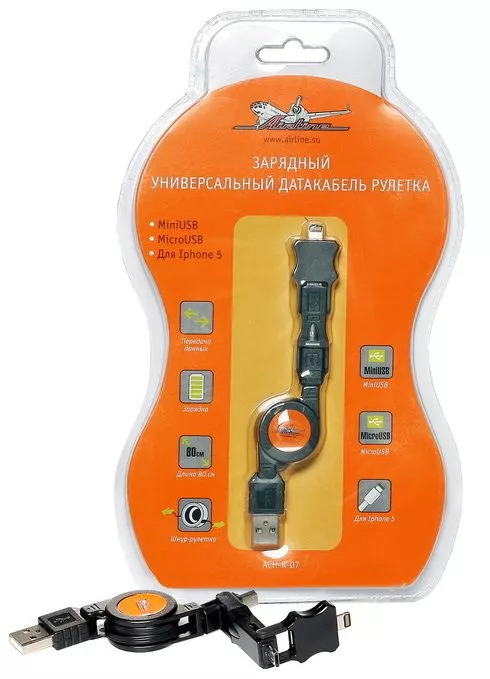 Зарядный универсальный датакабель рулетка miniUSB/microUSB/для IPhone 5 - Артикул ACHR07 - Производитель Airline - Фото, Отзывы, Цены 
