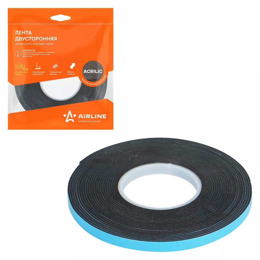Лента двусторонняя клейкая (скотч), 6мм*5м, акриловая вспененная основа, черная - Артикул ADSA009 - Производитель Airline - Фото, Отзывы, Цены 