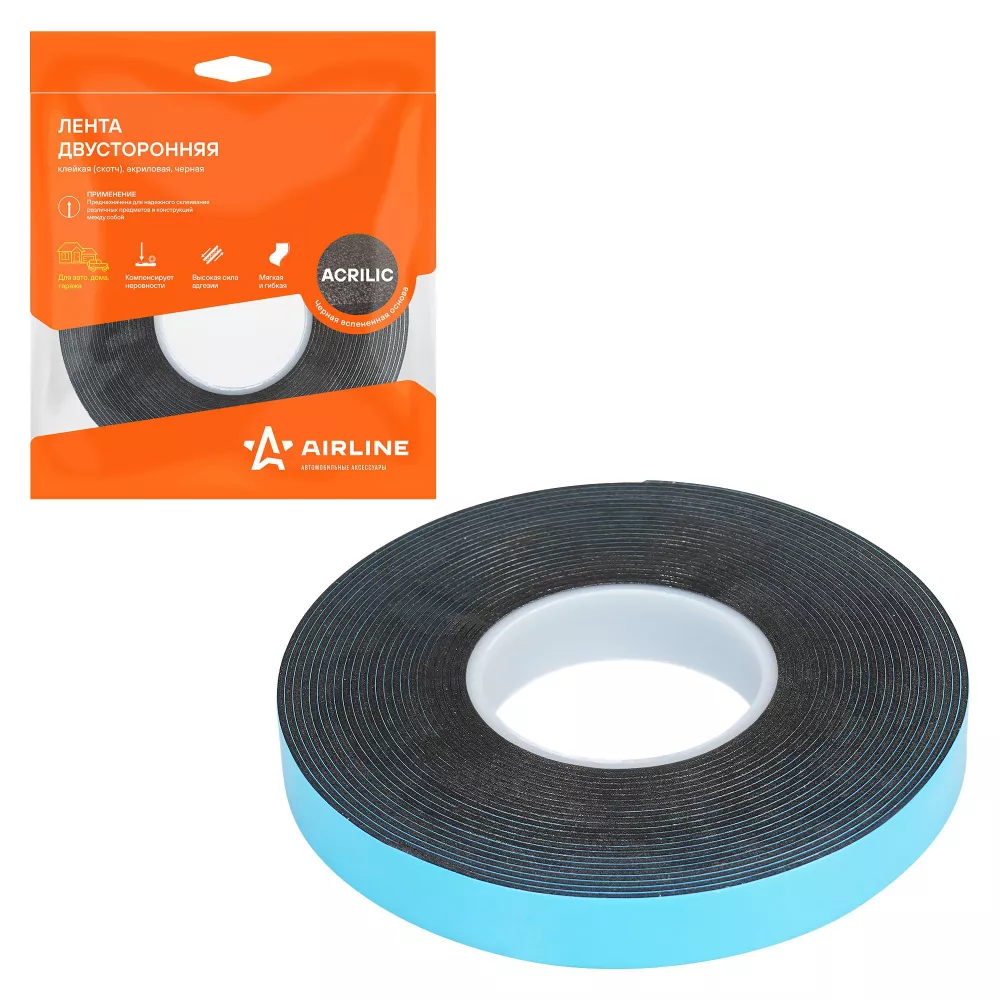 Лента двусторонняя клейкая (скотч), 12мм*5м, акриловая вспененная основа, черная - Артикул ADSA010 - Производитель Airline - Фото, Отзывы, Цены 