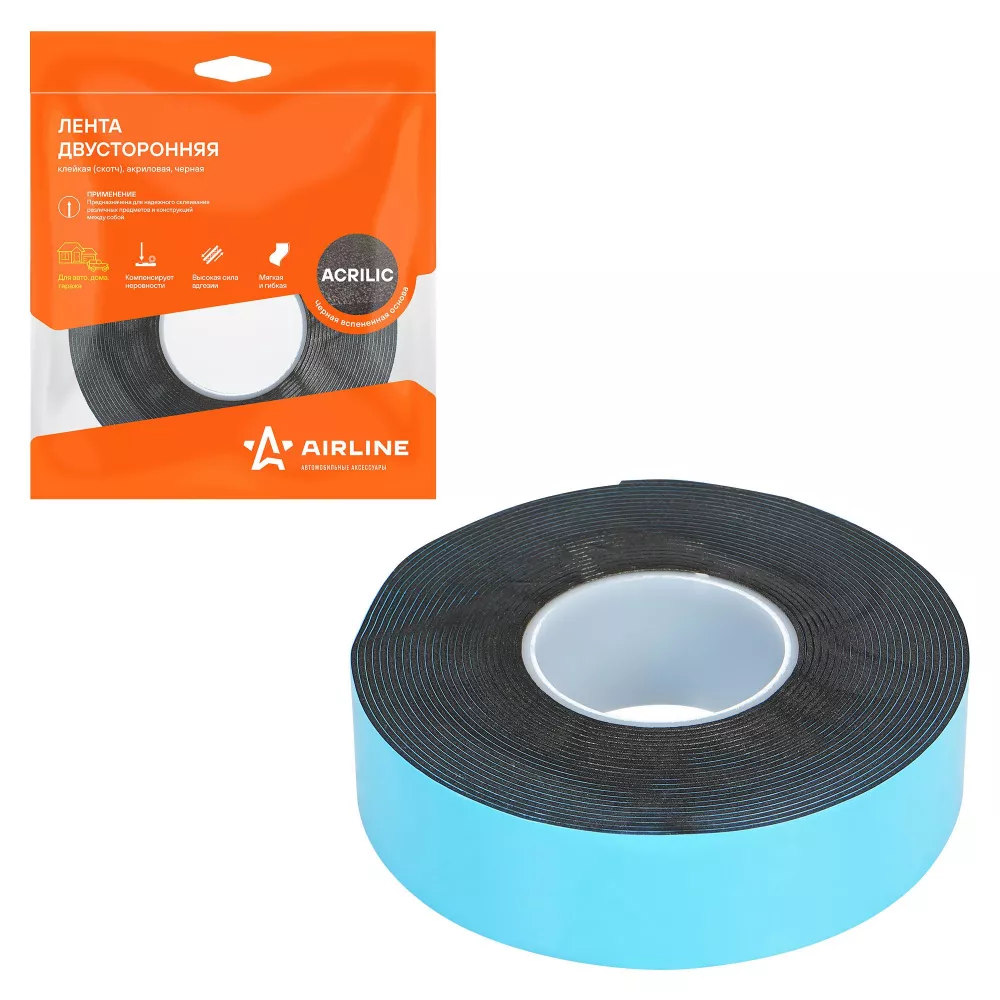 Лента двусторонняя клейкая (скотч), 25мм*5м, акриловая вспененная основа, черная - Артикул ADSA012 - Производитель Airline - Фото, Отзывы, Цены 