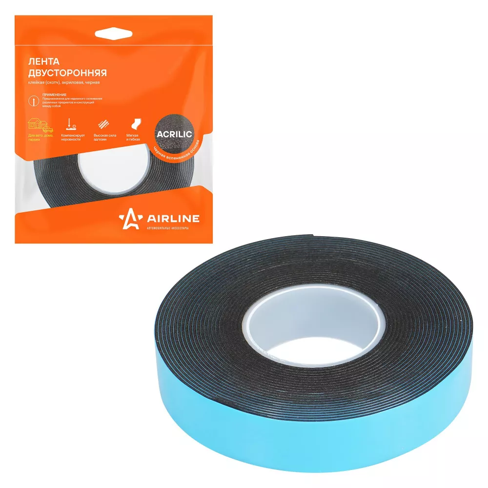 Лента двусторонняя клейкая (скотч), 19мм*5м, акриловая, черная, лайнер синий - Артикул ADSA019 - Производитель Airline - Фото, Отзывы, Цены 
