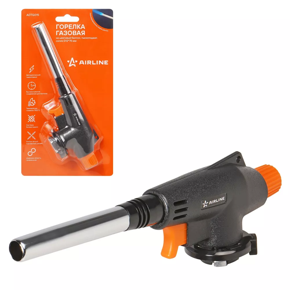Горелка газовая на цанговый баллон, пьезоподжиг, сопло D12*75 мм - Артикул ADTG015 - Производитель Airline - Фото, Отзывы, Цены 