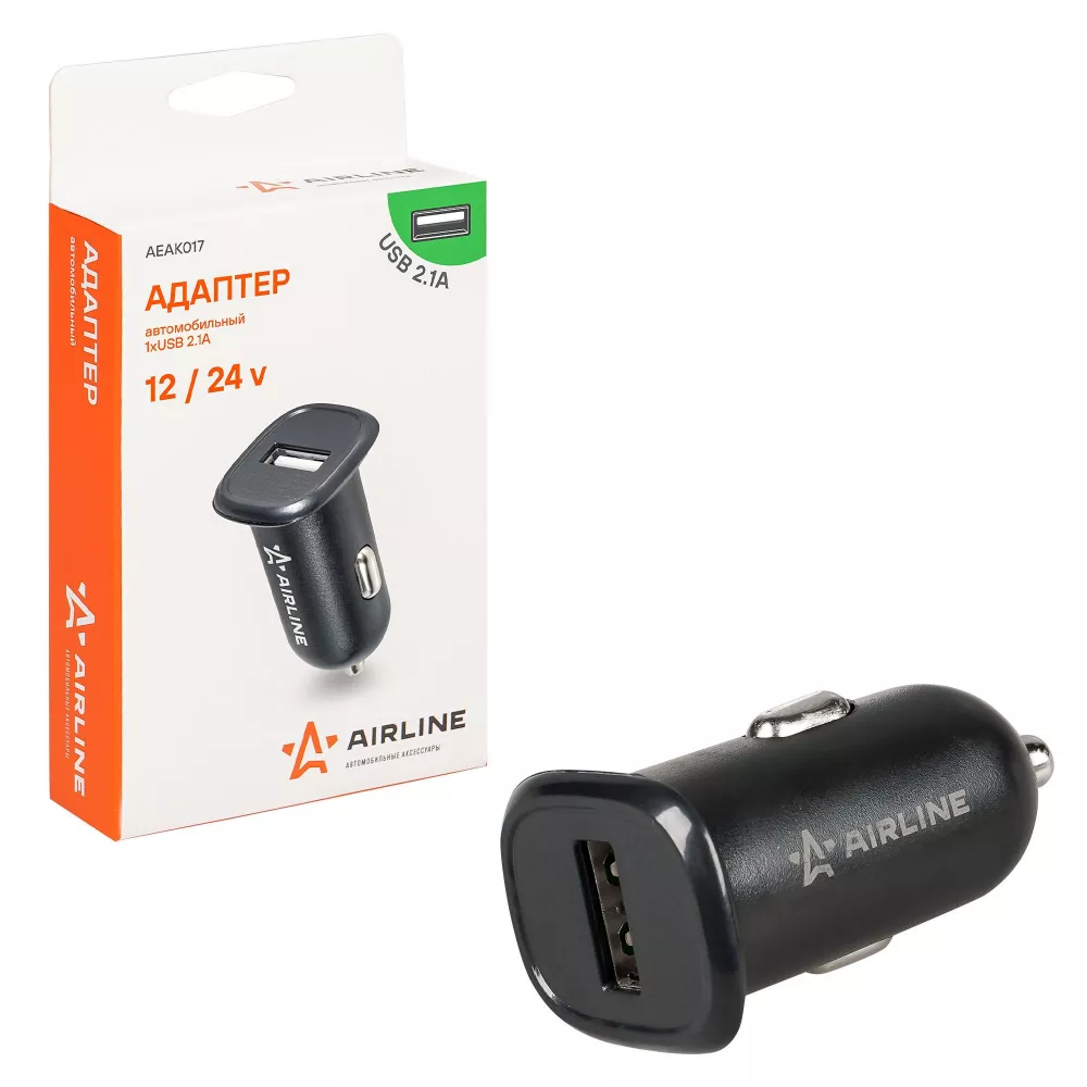 Адаптер автомобильный компактный 1xUSB 2.1A, 12/24В - Артикул AEAK017 - Производитель Airline - Фото, Отзывы, Цены 