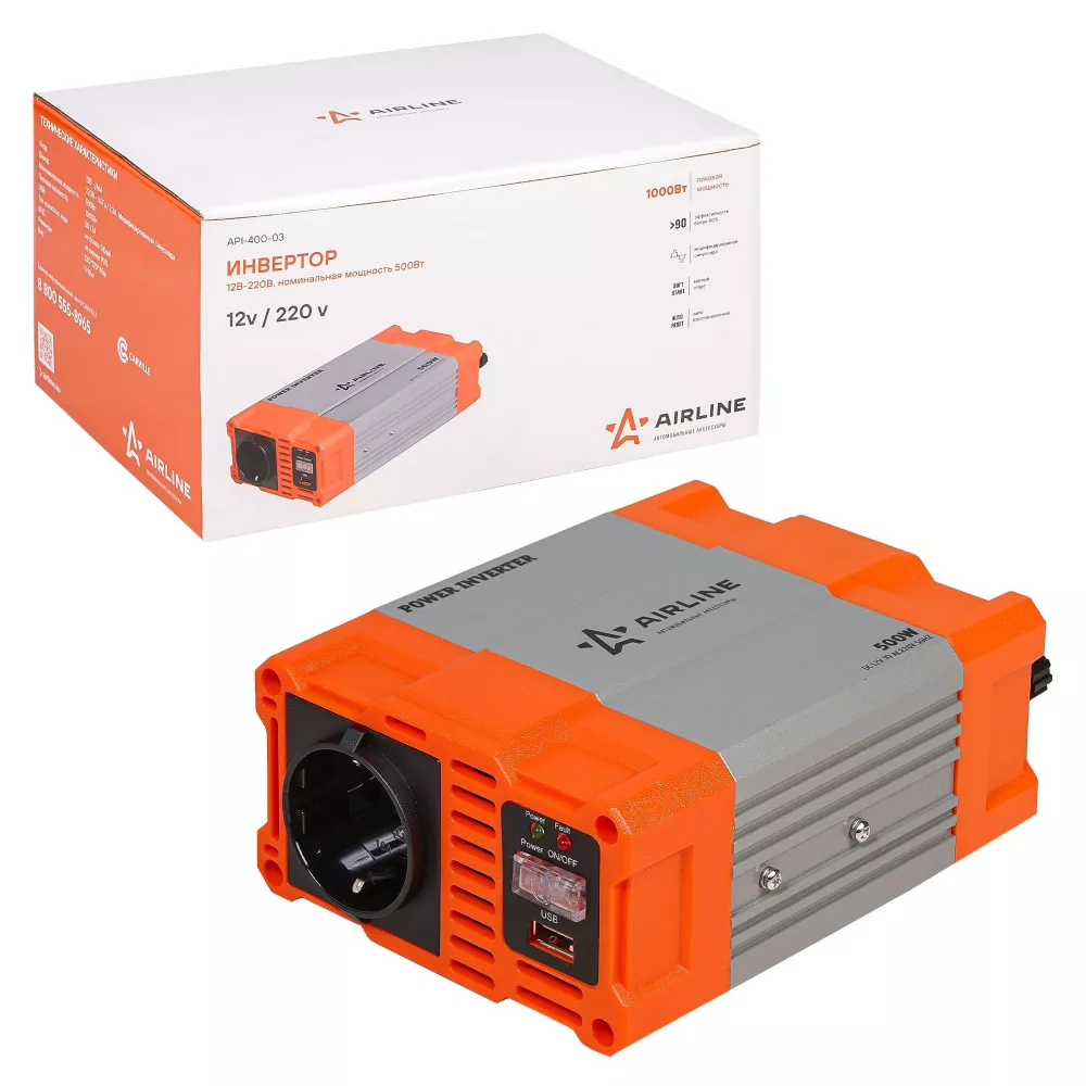 Инвертор автомобильный 12В-220В, 500 Вт - Артикул API40003 - Производитель Airline - Фото, Отзывы, Цены 