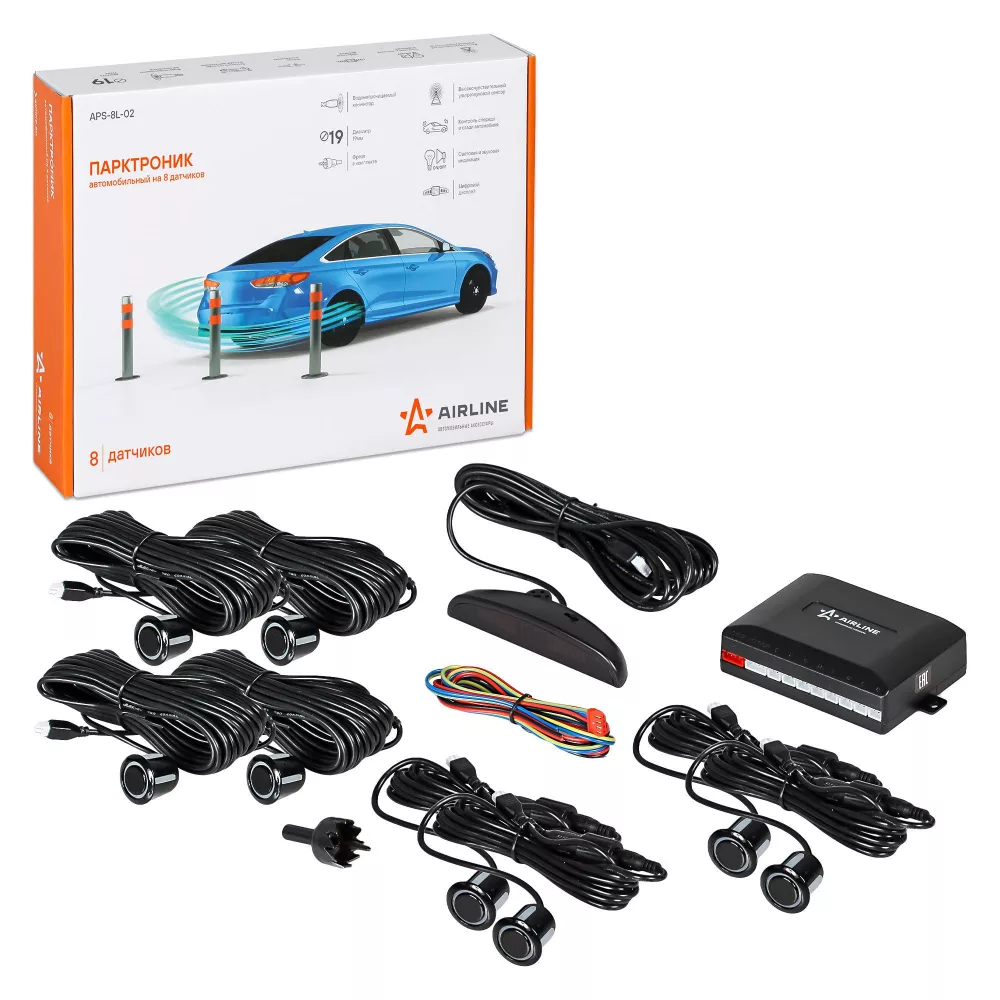 Парктроник на 8 датчиков (черные), LED дисплей - Артикул APS8L02 - Производитель Airline - Фото, Отзывы, Цены 