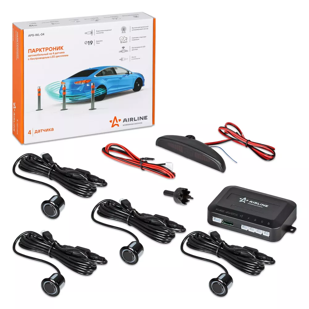 Парктроник на 4 датчика (черные), беспроводной LED дисплей - Артикул APSWL04 - Производитель Airline - Фото, Отзывы, Цены 