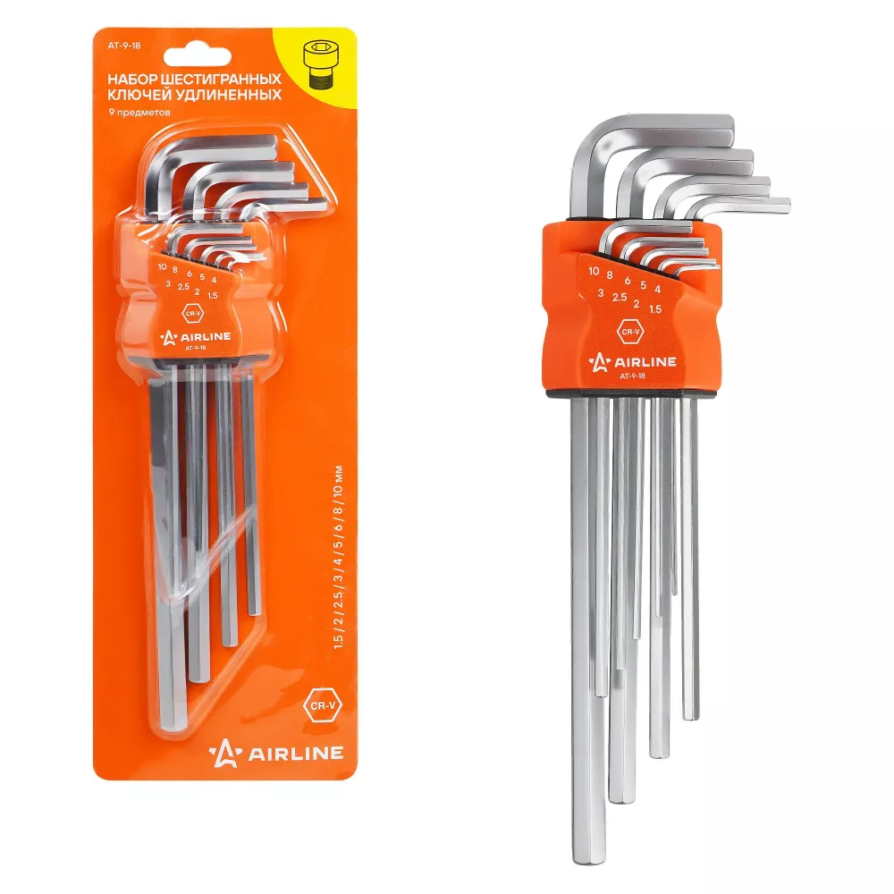 Набор ключей шестигранных удлинённых 9 пр. (1.5-10мм) пласт.подвес - Артикул AT918 - Производитель Airline - Фото, Отзывы, Цены 