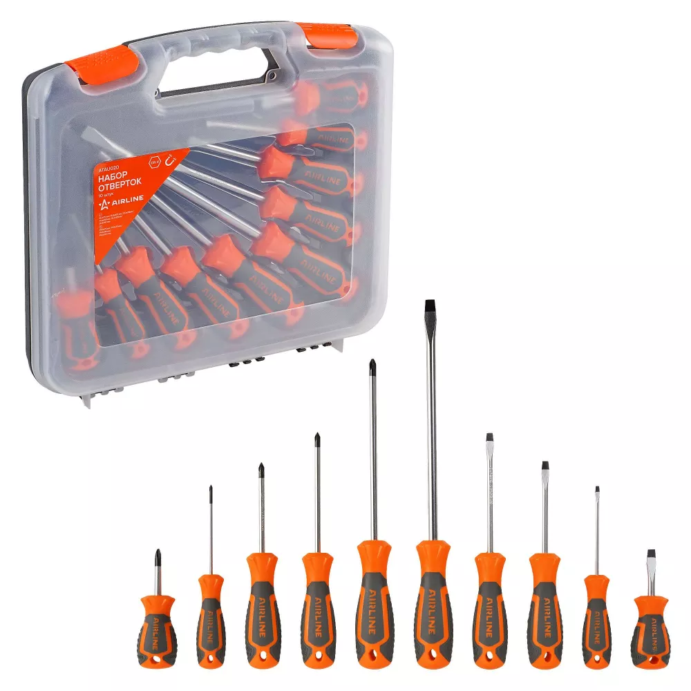 Набор отвёрток 10 пр. (SL3-SL8, PH0-PH2), пласт.кейс - Артикул ATAU020 - Производитель Airline - Фото, Отзывы, Цены 