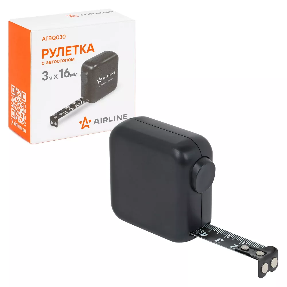 Рулетка в ударопрочном корпусе 3мх16мм, автостоп, магнитный зацеп, двуст. шкала - Артикул ATBQ030 - Производитель Airline - Фото, Отзывы, Цены 