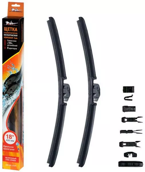 Щетка стеклоочистителя бескаркас 450мм (18") 2 шт. 10 адаптеров - Артикул AWBBK450K - Производитель Airline - Фото, Отзывы, Цены 