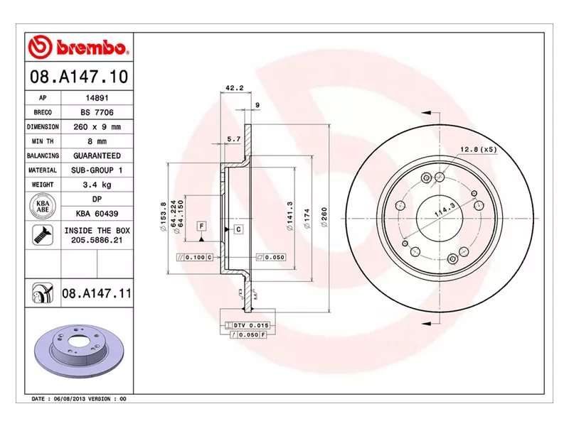 Диск тормозной (Сзади) Honda Civic 05-12 / LADA Largus 12-21 - Артикул 08A14710 - Производитель Brembo - Фото, Отзывы, Цены 