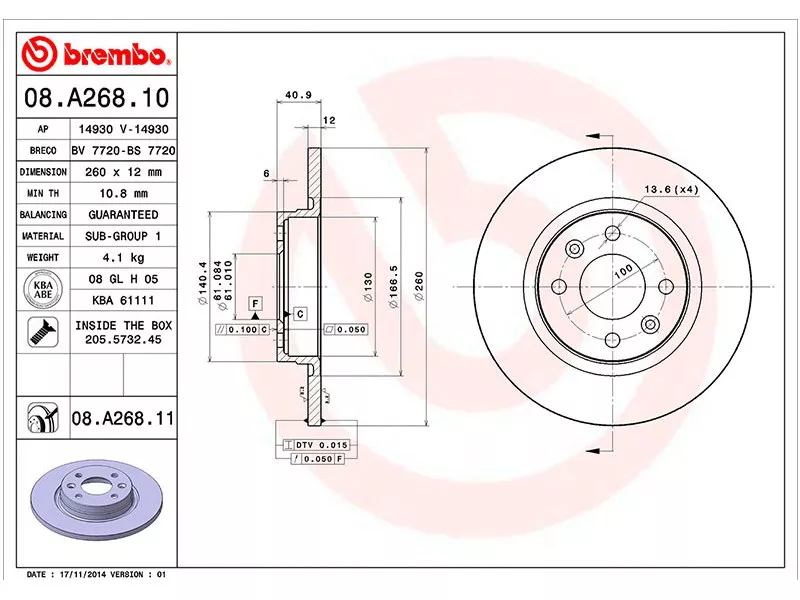 Диск тормозной (Спереди) Renault Logan 04-22 / Sandero 09-22 - Артикул 08A26810 - Производитель Brembo - Фото, Отзывы, Цены 