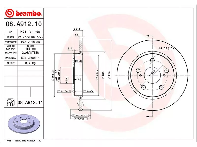 Диск тормозной задний -PBD4830 Patron для TOYOTA AURIS