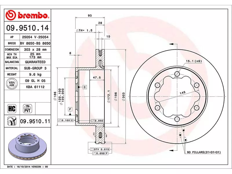 Диск тормозной (Сзади) Mercedes-Benz Sprinter 06-18 / Volkswagen Crafter 06-16 - Артикул 09951014 - Производитель Brembo - Фото, Отзывы, Цены 