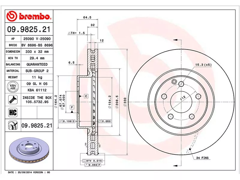 Диск тормозной (Спереди) Mercedes-Benz E-Class 02-09 / CLS-Class 04-10 / GLK-Class 08-15 - Артикул 09982521 - Производитель Brembo - Фото, Отзывы, Цены 