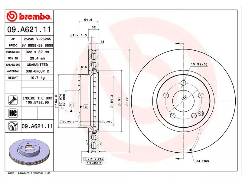 Диск тормозной (Спереди) Mercedes-Benz C-Class 07-15 / E-Class 09-17 / SLK-Class 11-16 - Артикул 09A62111 - Производитель Brembo - Фото, Отзывы, Цены 