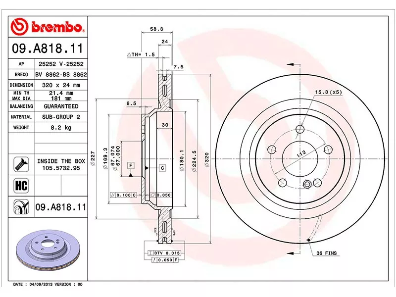 Диск тормозной (Сзади) Mercedes-Benz S-Class 05-13 / CL-Class 06-14 / SL-Class 01-12 - Артикул 09A81811 - Производитель Brembo - Фото, Отзывы, Цены 