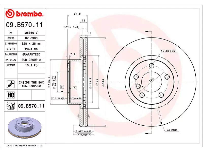 Диск тормозной (Спереди) BMW X3 10-17 / X4 14-18 - Артикул 09B57011 - Производитель Brembo - Фото, Отзывы, Цены 