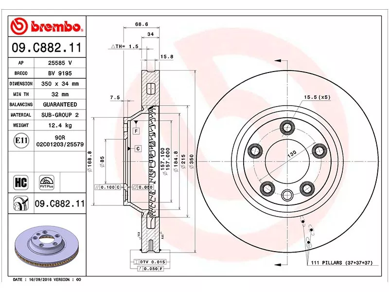 Диск тормозной (Спереди) Audi Q7 05-15 / Volkswagen Touareg 02-10 - Артикул 09C88211 - Производитель Brembo - Фото, Отзывы, Цены 